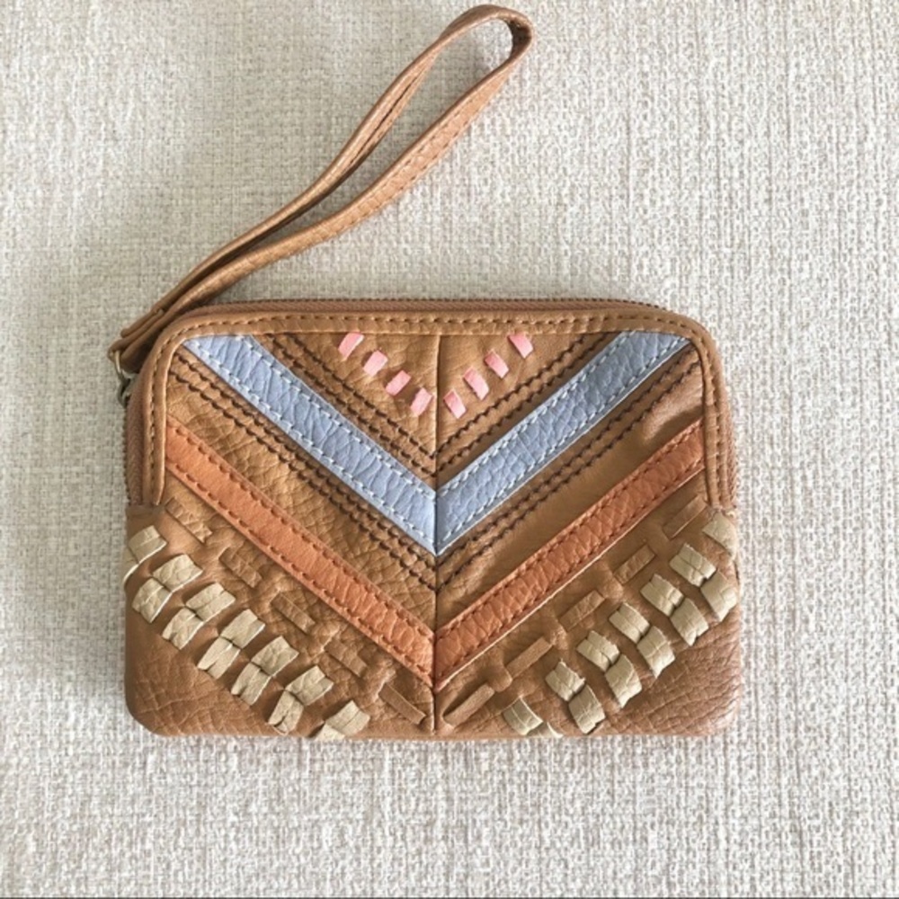Faux Leather Wristlet with Strap Brown/Tan